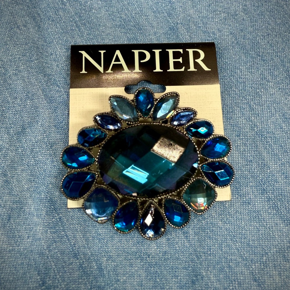 Vintage Napier Blue Rhinestone Statement Brooch Pin 1980s Oval Floral